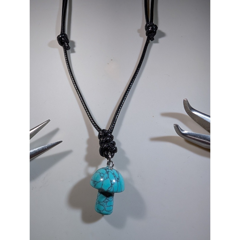 Adjustable‎ Mushroom Pendant Necklace Blue Artificial Turquoise Black Cord Boho